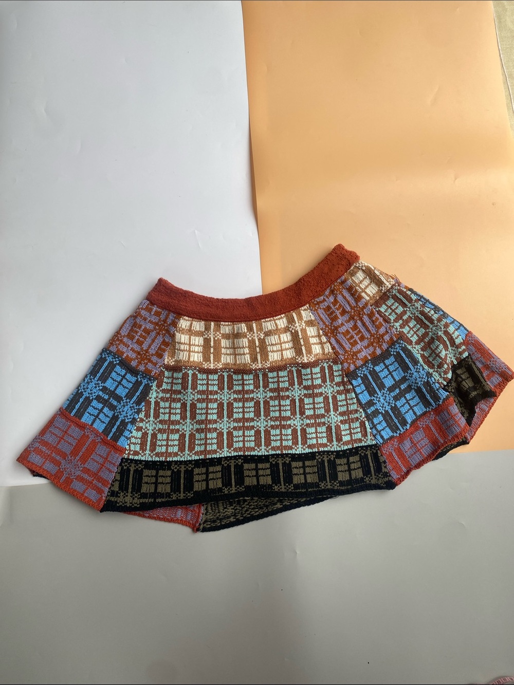 Free People Patchwork Plaid Knit Skater Skirt in Rust, Blue, Brown, Cream, Black